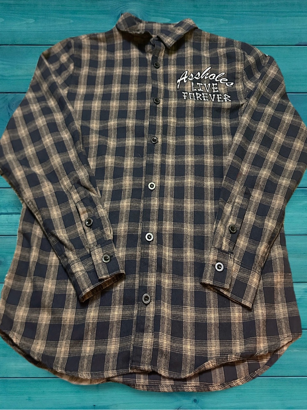 Assholes Live Forever Plaid Button-Down Shirt - Black & Tan M